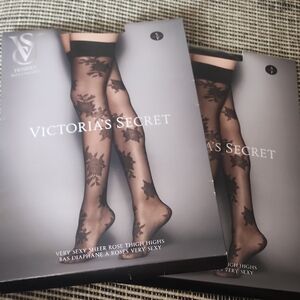 Victoria's Secret Black Sheer Thigh Highs with Rose Motif 2 Pairs